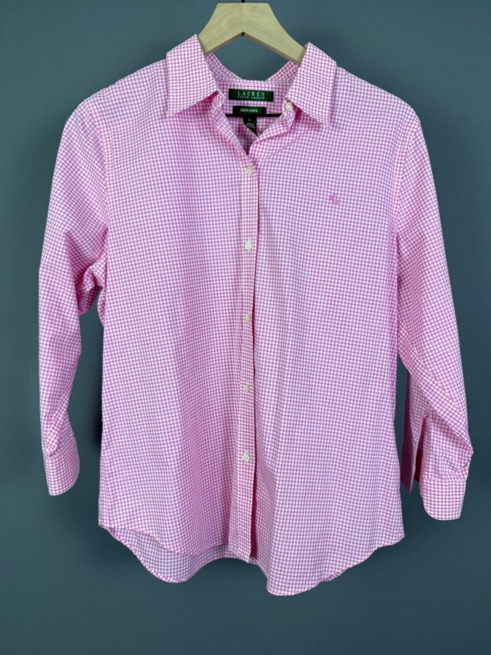 Lauren Ralph Lauren Women's L Pink Gingham Non Iron Cotton Button Down Shirt